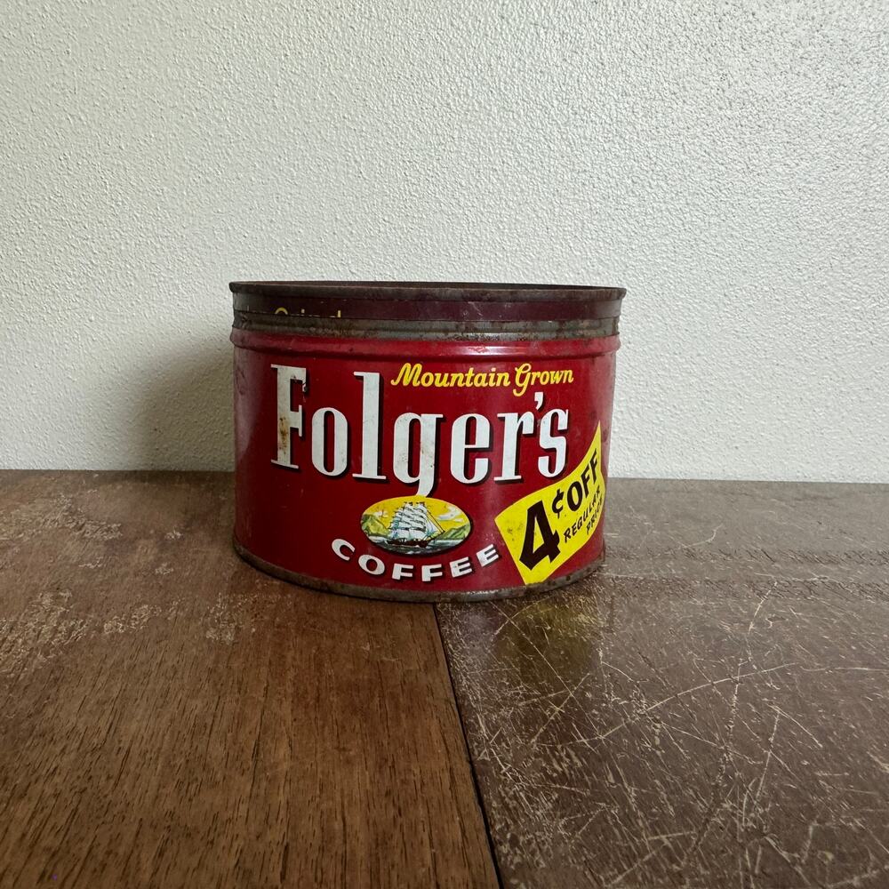 Vintage 1959 Folgers 4‎ Cents off Coffee Can Tin Metal Short Advertising Decor